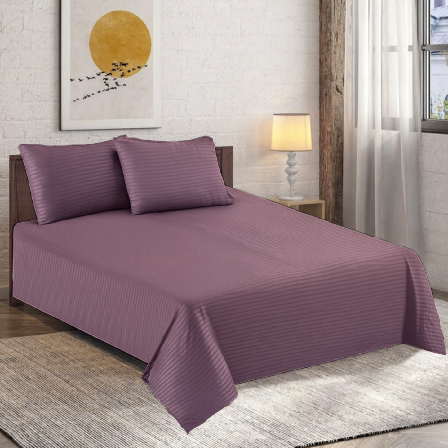 Polyester Purple Satin Stripe Bedsheet
