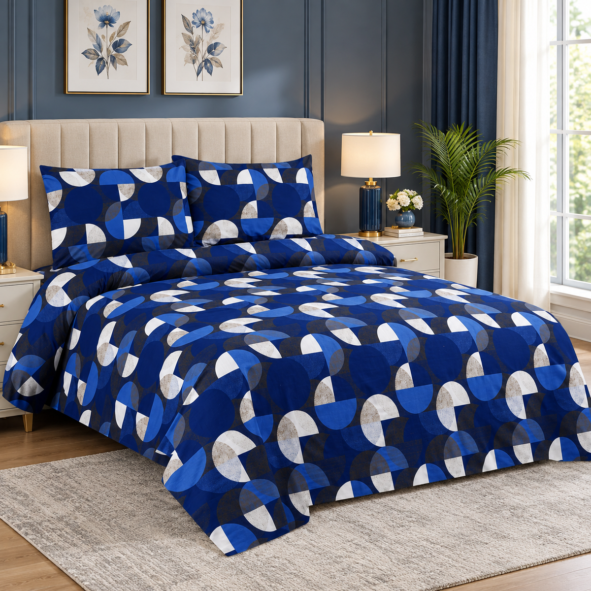 Geometric Navy Printed Bedsheet