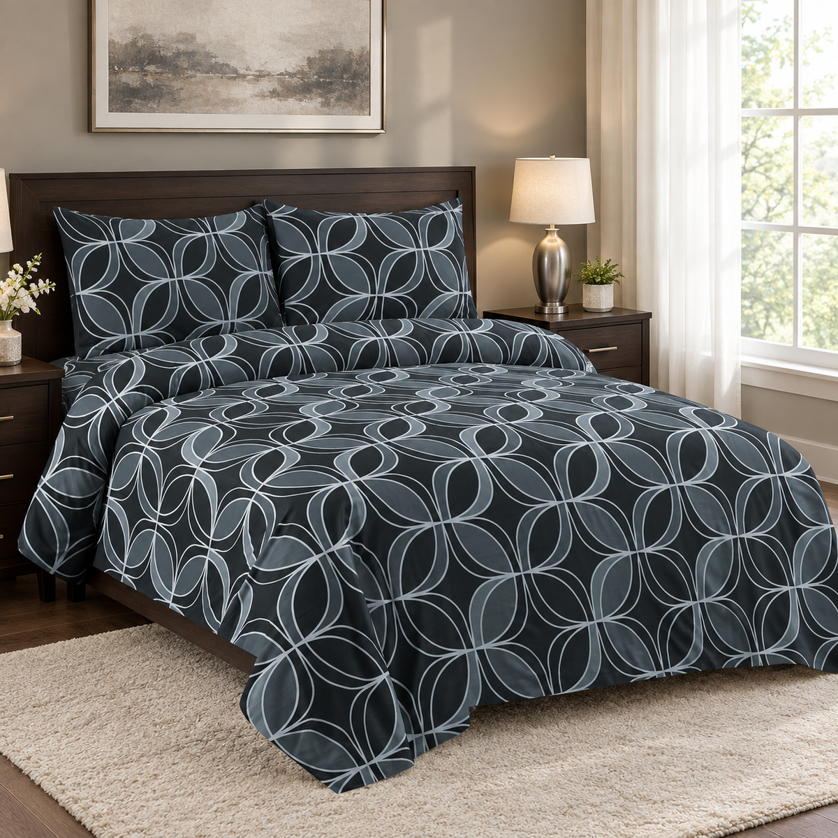 Geometric Grey Printed Bedsheet
