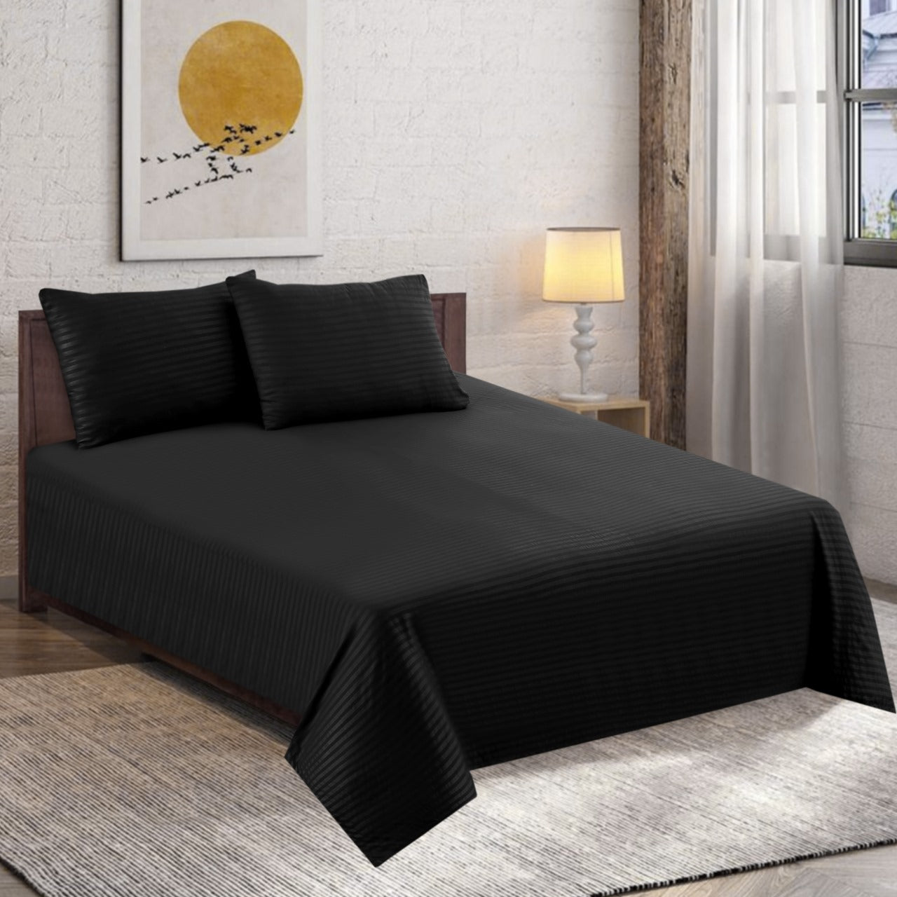 Polyester Black Satin Stripe Bedsheet