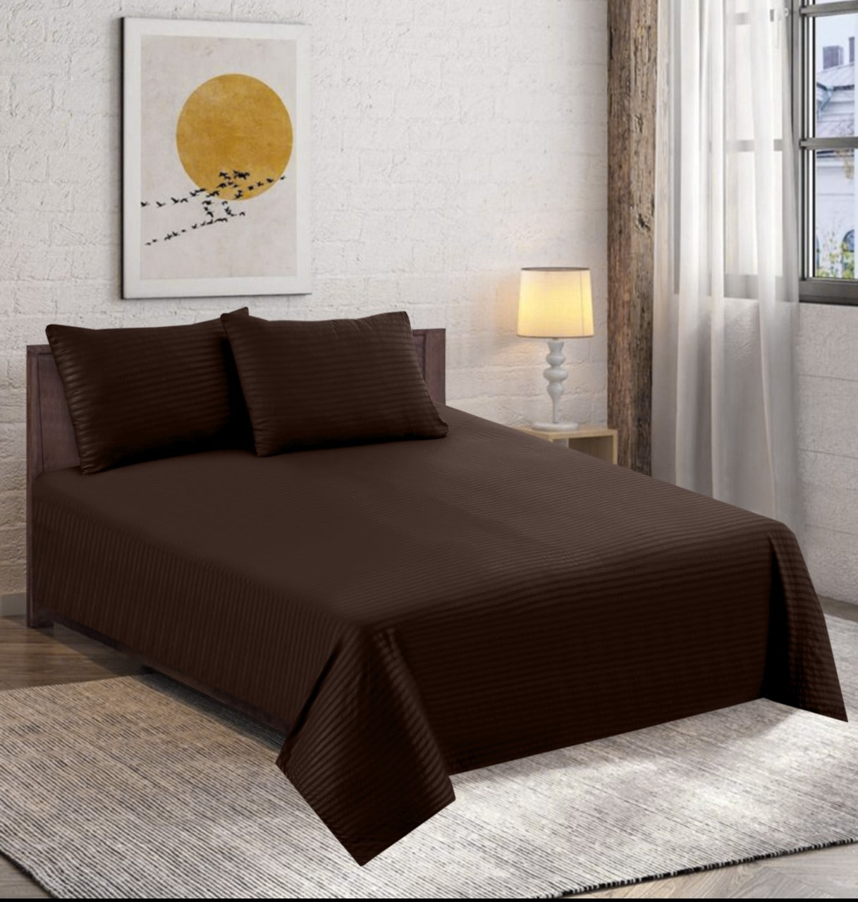 Polyester Chocolate Brown Satin Stripe Bedsheet