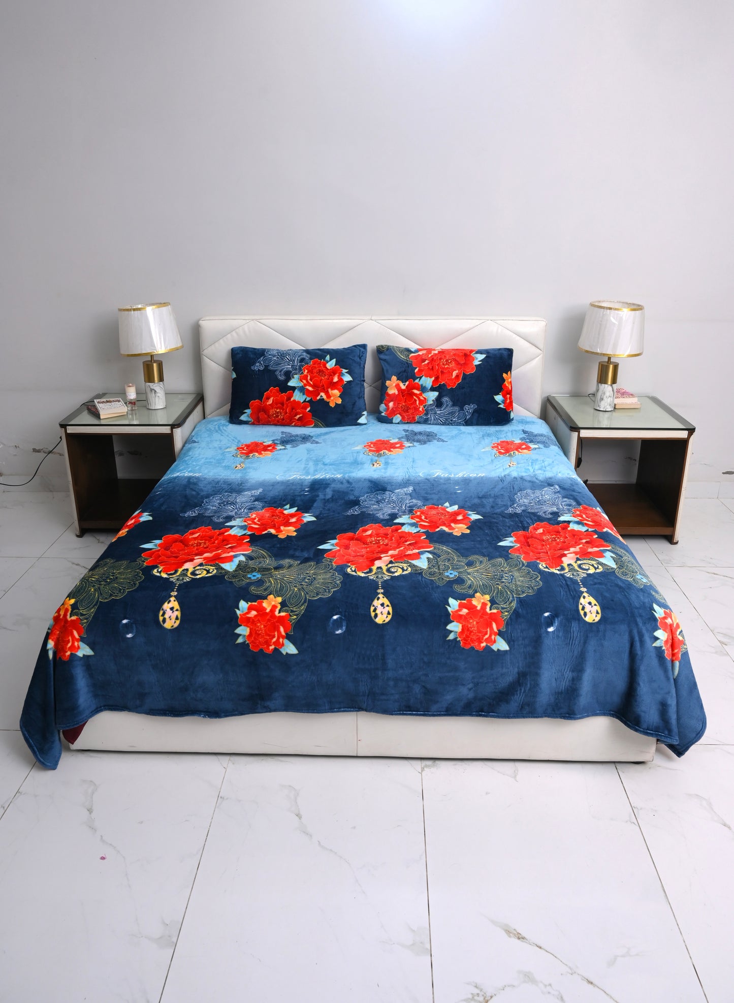 Navy Floral - 200 GSM fleece bedsheet
