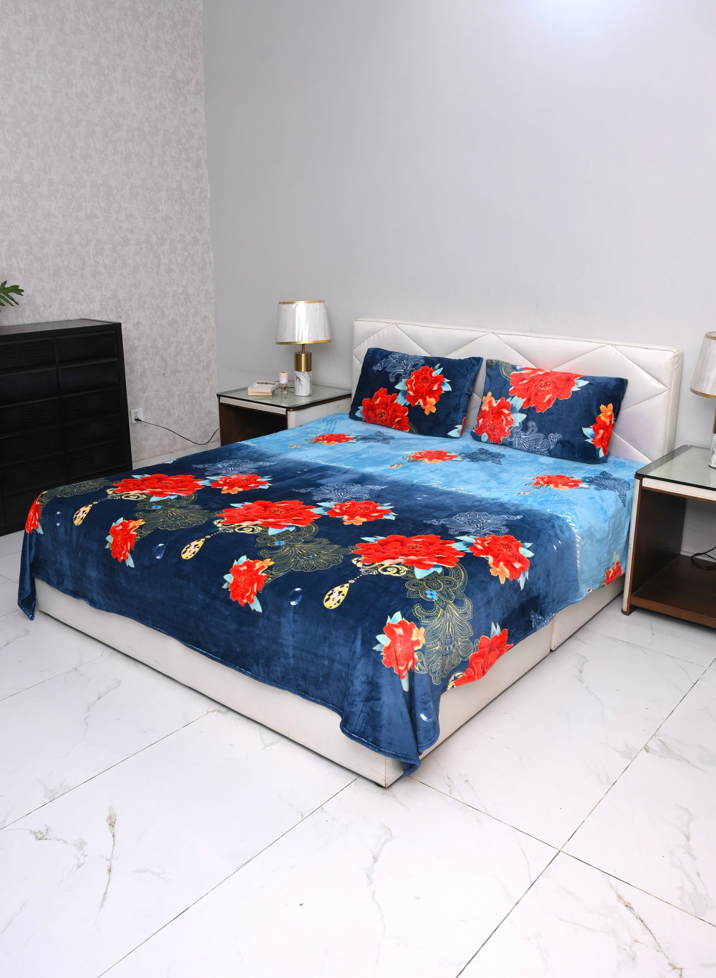 Navy Floral - 200 GSM fleece bedsheet