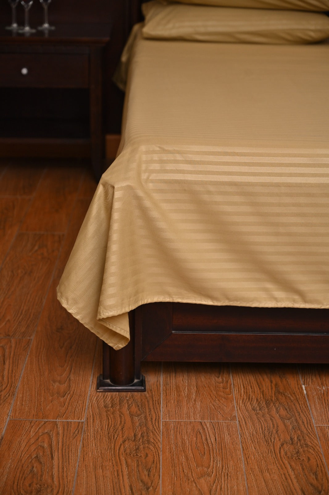Polyester Champagne Olive Satin Stripe bedsheet