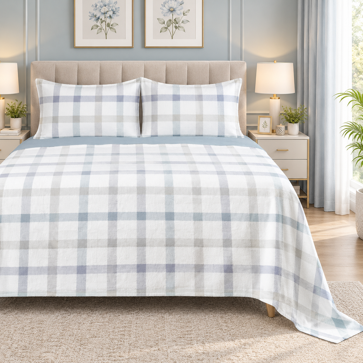 Serene Check Fleece Bedsheet - Ice Mist