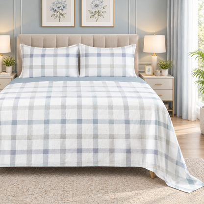Serene Check Fleece Bedsheet - Ice Mist