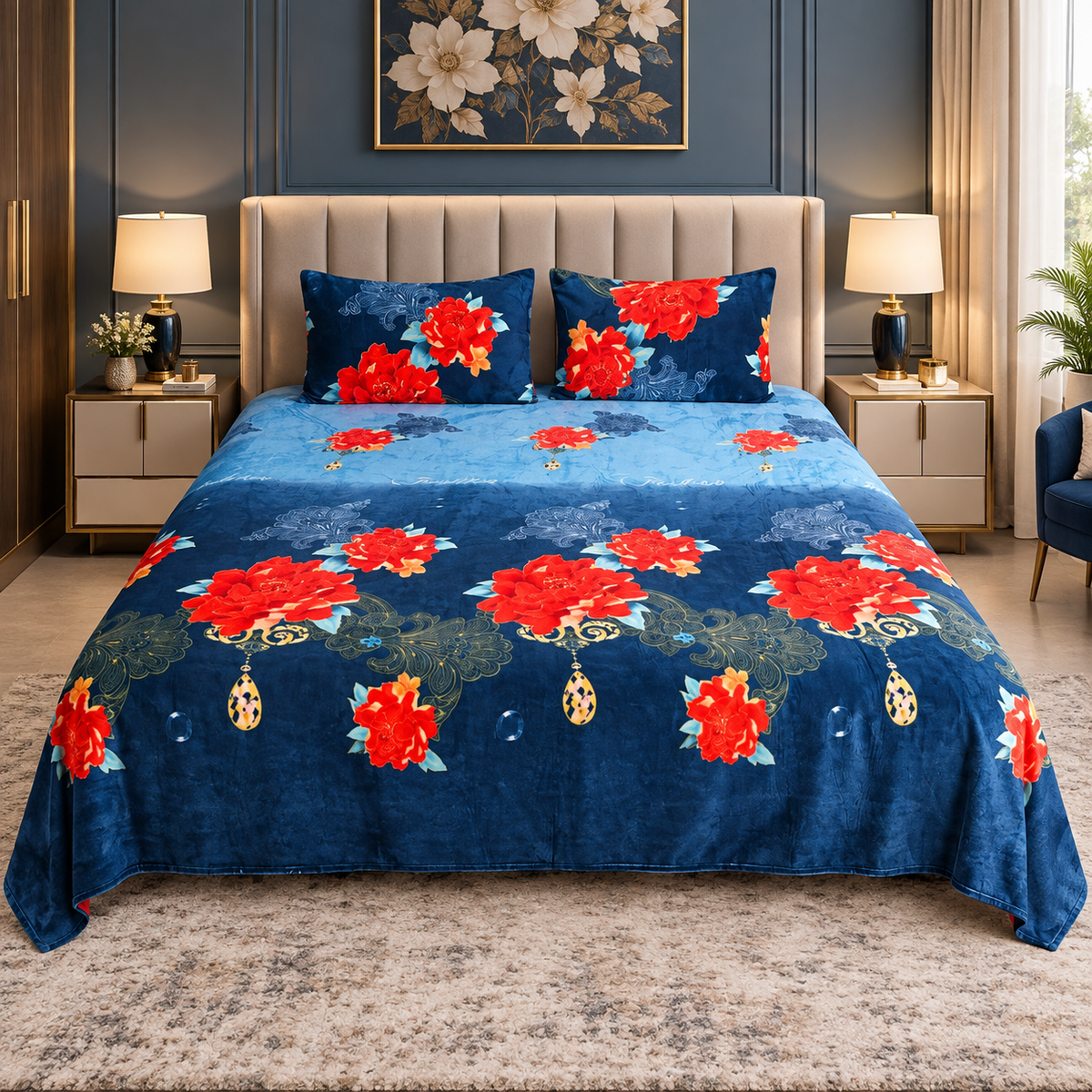 Navy Floral - 200 GSM fleece bedsheet