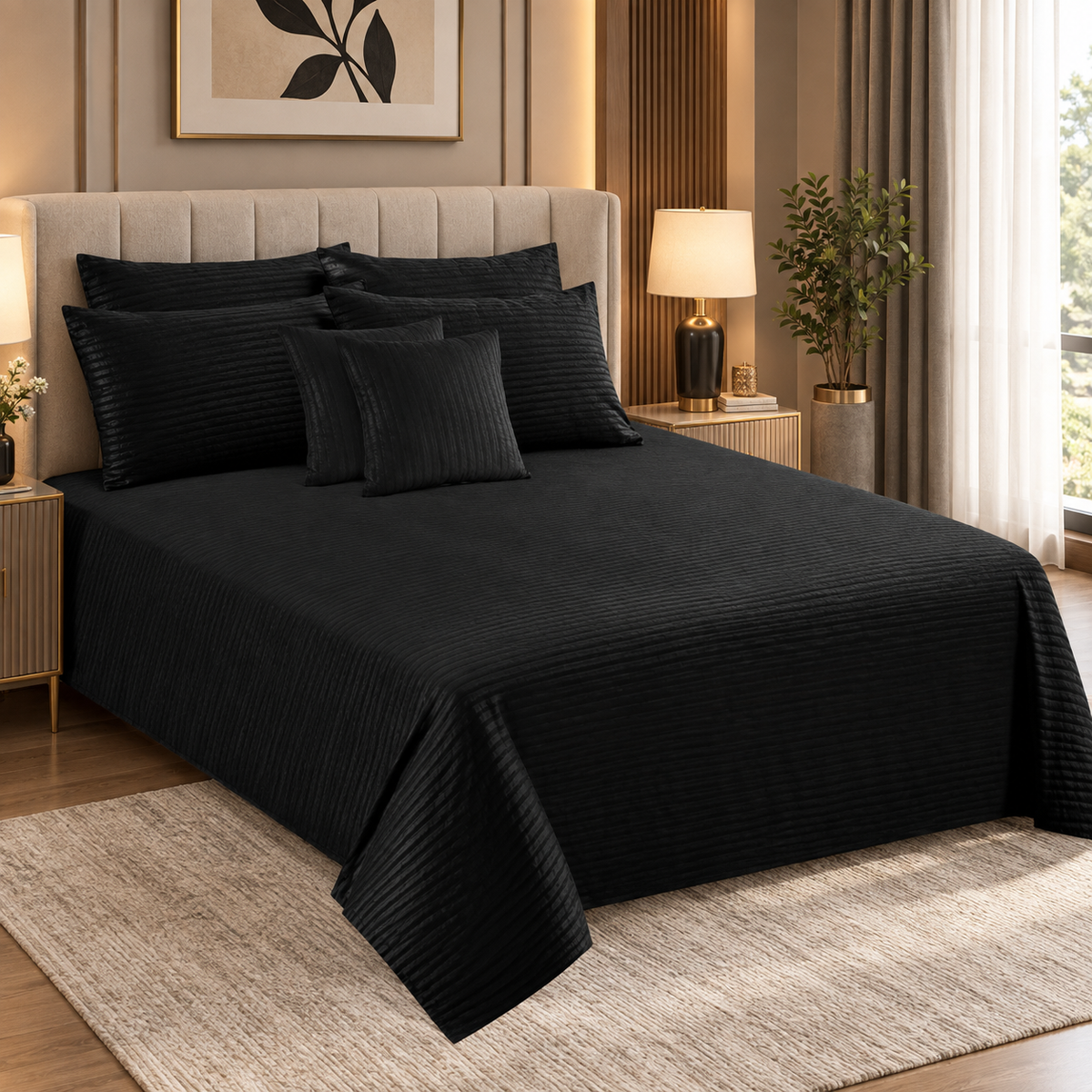 Polyester Black Satin Stripe Bedsheet