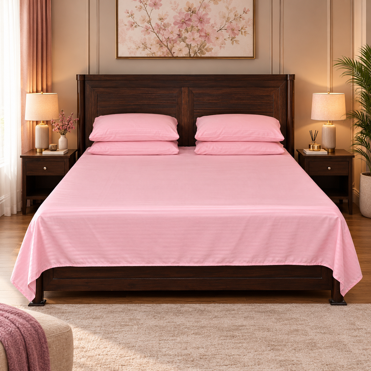 Polyester Baby Pink Satin Stripe bedsheet