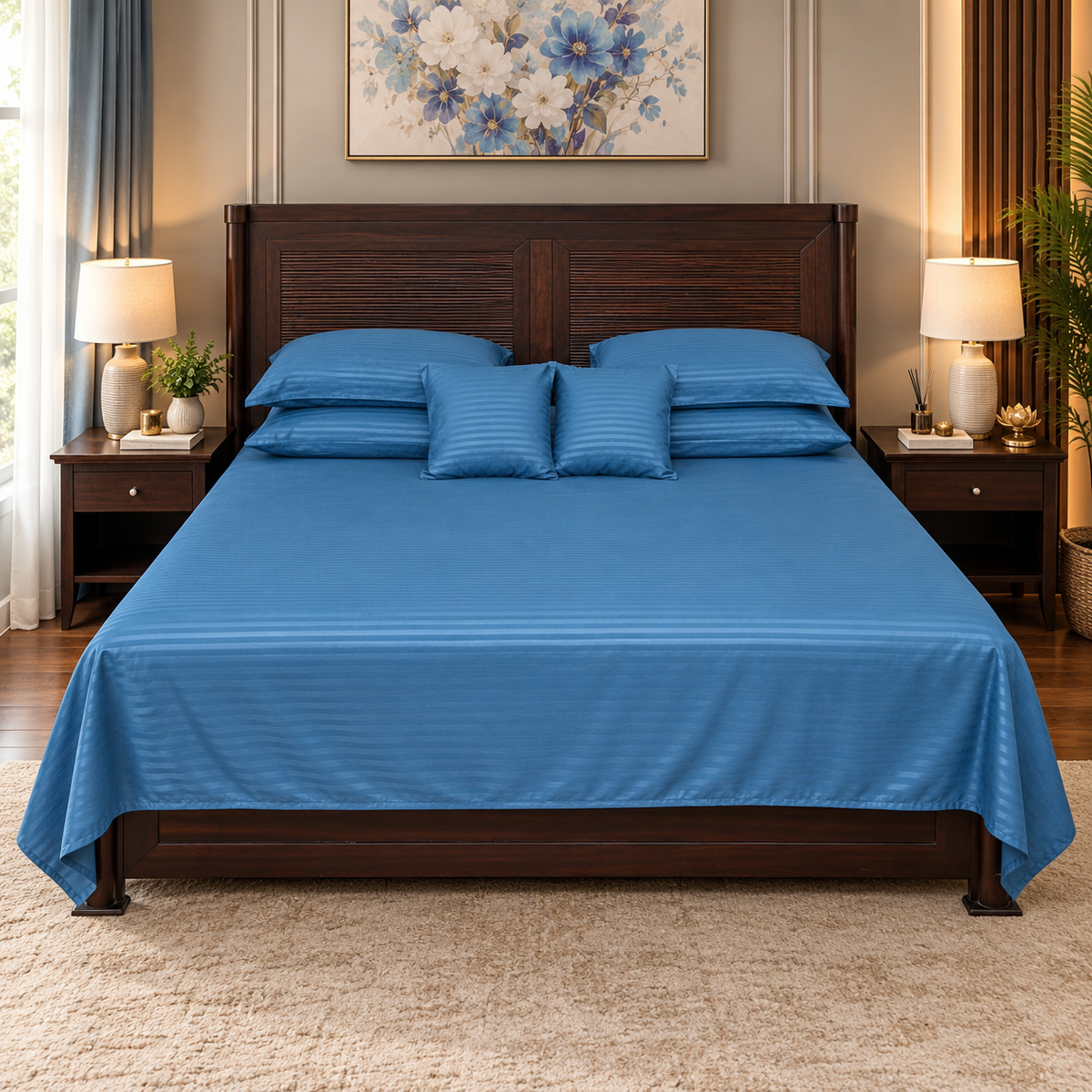 Polyester Turquoise Satin Stripe bedsheet
