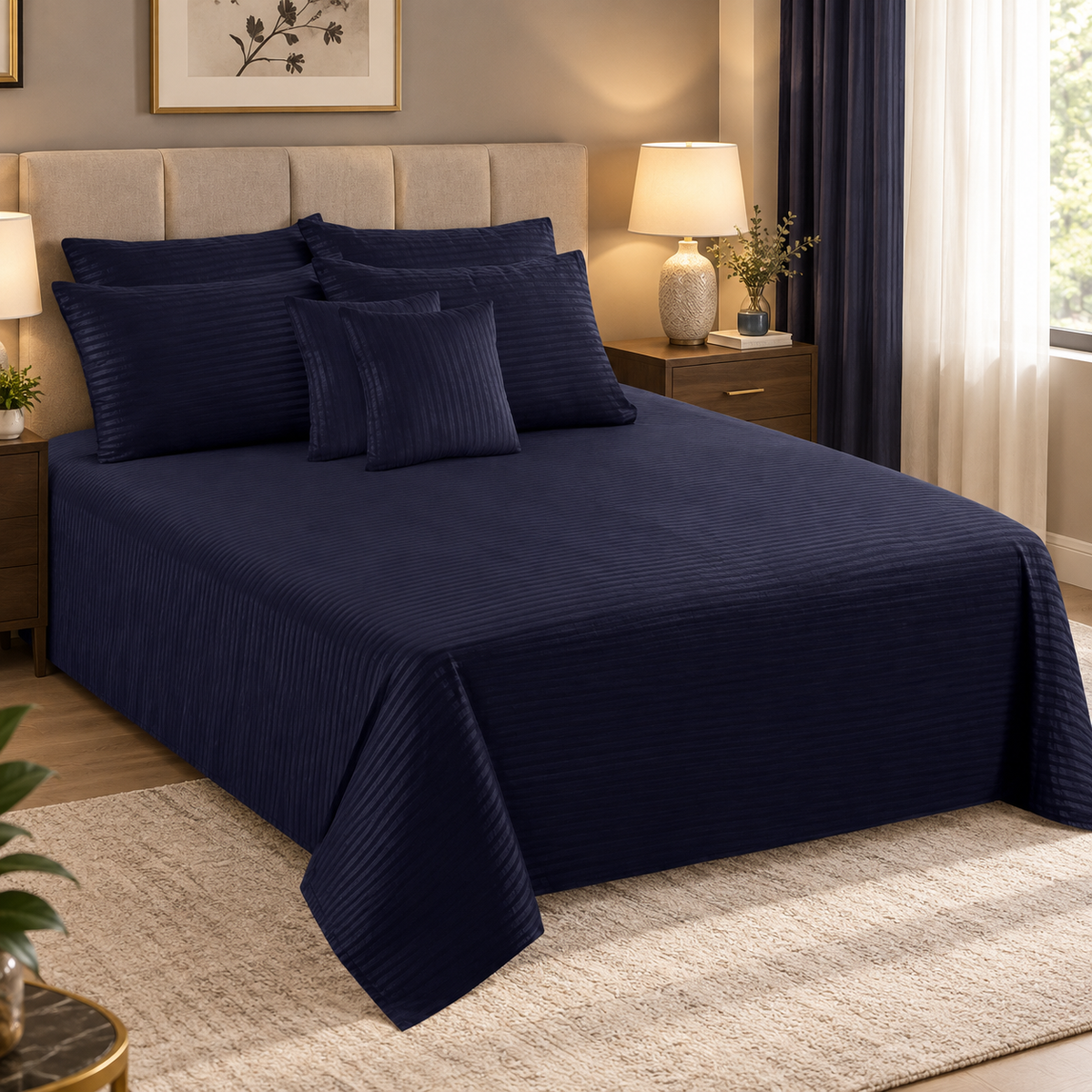 Polyester Navy Satin Stripe Bedsheet